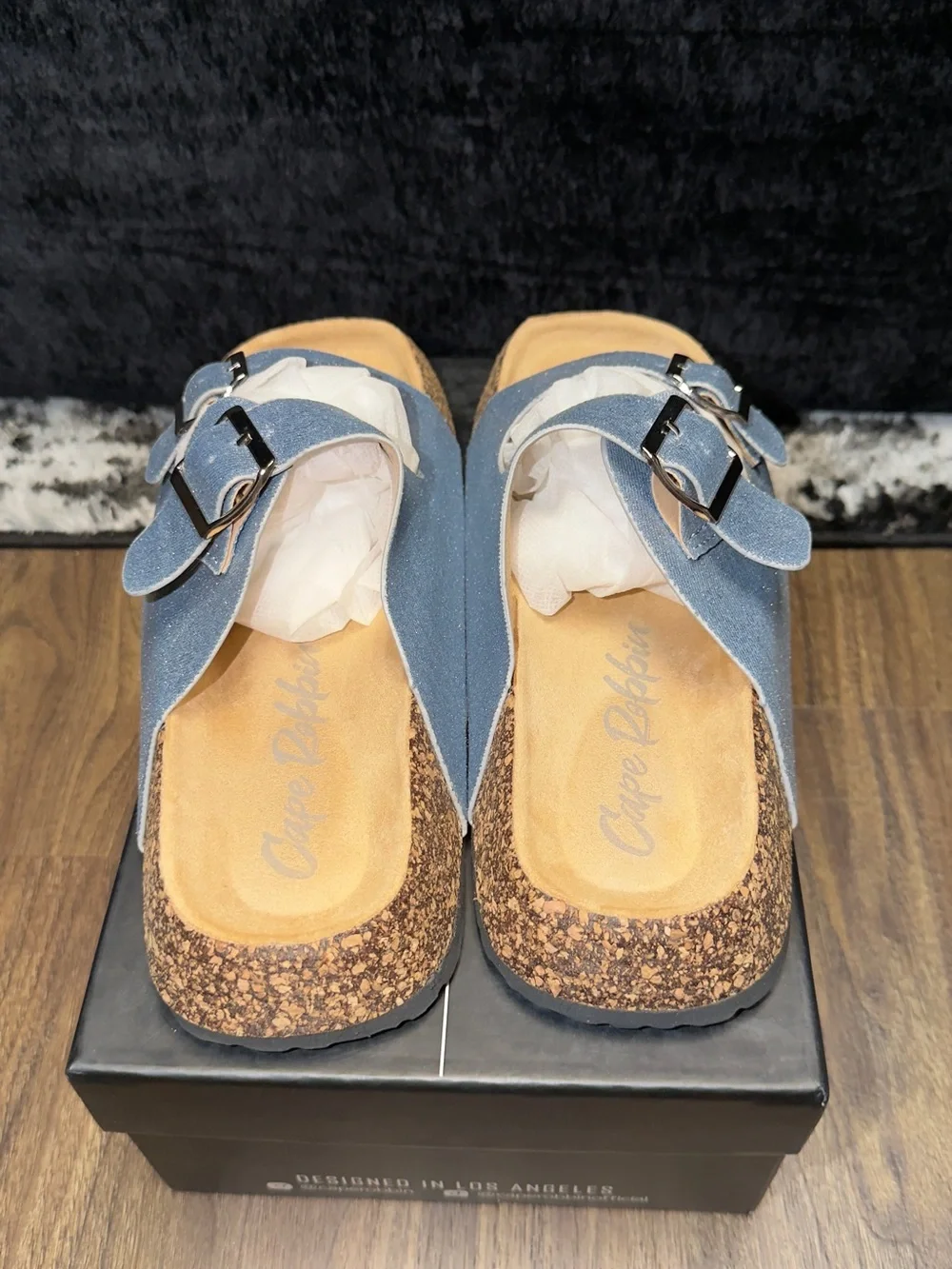 Sparkle Silver-Blue Double-Buckle Slide Sandals